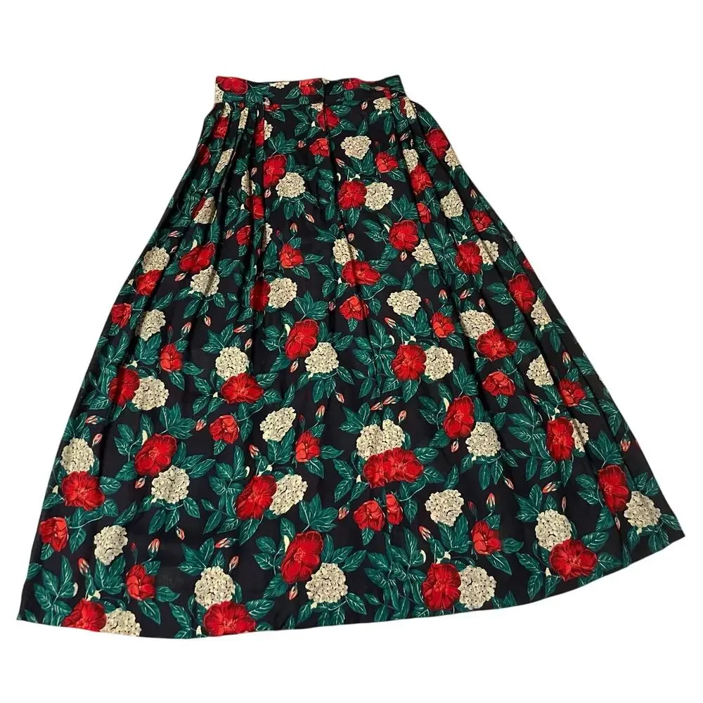 VTG Jones New York Red & White Floral Cottage Core Grandma Midi Skirt Size 8
